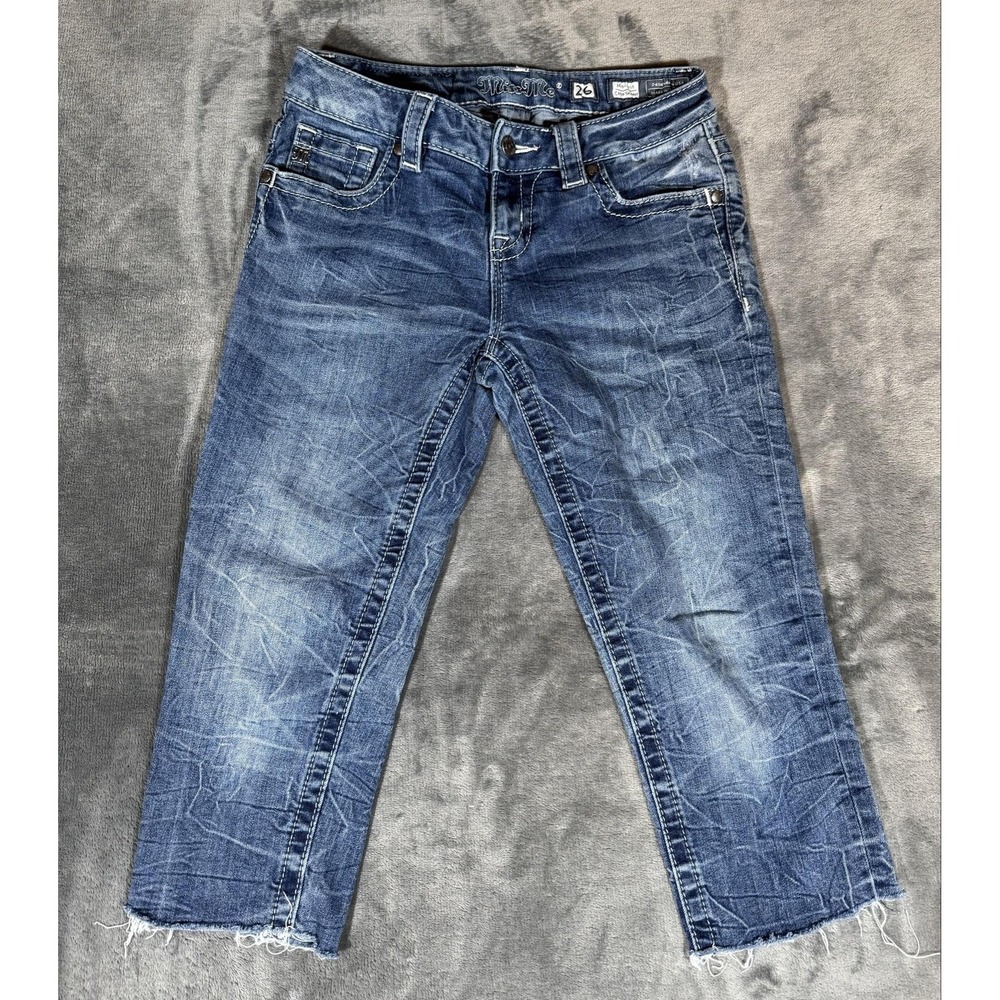 Miss Me Jeans Womens 26 Blue Mid Rise Cropped Skinny Raw Hem Stretch Denim Cutof
